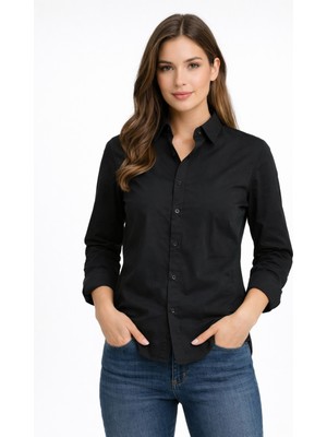Justas Kadın Siyah Klasik Kesim Ofis Gömlek – Vücuda Oturan Model