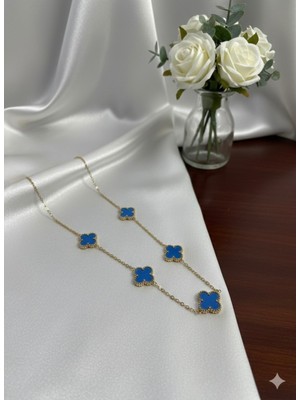 Meneva Aksesuar Paslanmaz Çelik Mavi Mineli Yonca Şans Kolyesi