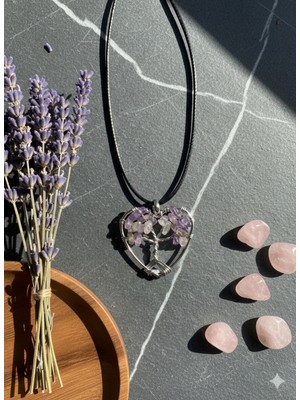 Meneva Aksesuar Ametist Kalp Kesim Hayat Ağacı Deri Ipli Kolye