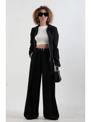 Zelish My Sister Siyah Pileli Geniş Paça Pantolon