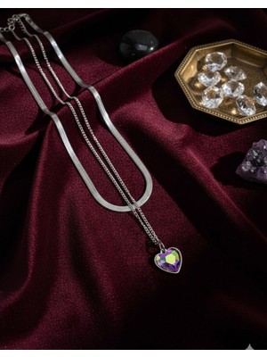 Meneva Aksesuar Italyan Ezme Zincir ve Kristal Kalp Uçlu Gümüş Renk Çelik Kolye