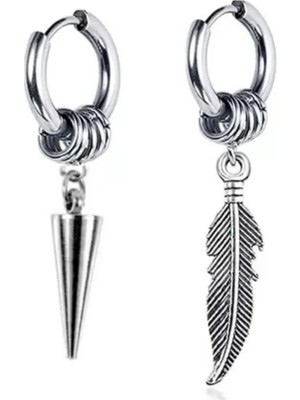 Jaida Moda Unisex 316L Cerrahi Çelik Gümüş Renk Sallantılı Mızrak ve Tüy Halka Küpe