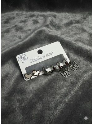 Meneva Aksesuar Gümüş Renk Çelik 6'lı Küpe Seti - Yonca ve Kelebek Figürlü Kararmaz Kombin Küpe