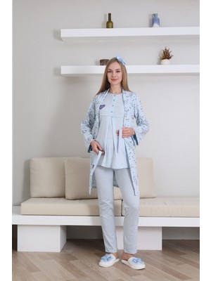 Erdeniz Tekstil Desenli Hamile/lohusa Pijama Seti – Melanj, Önü Düğmeli ve Nakış Detaylı, Emzirme Özellikli (3 Parça)