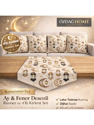 Ramazan Runner 140X40 cm + 4’lü Kırlent Kılıfı 43X43 cm Set – Dijital Baskı Duck Kumaş – Leke Tutmaz – Salon & Yemek Masası Dekor – Özdağ Home Concept