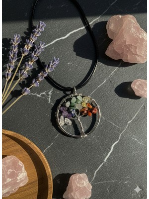 Meneva Aksesuar 7’li Çakra Doğal Taş Hayat Ağacı Deri Ipli Kolye