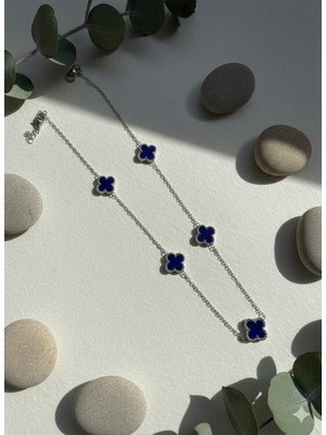 Meneva Aksesuar Paslanmaz Çelik Gümüş Renk Lacivert Mineli Yonca Kolye