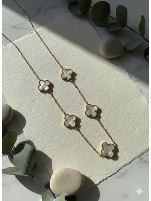 Meneva Aksesuar Paslanmaz Çelik Altın Renk Beyaz Yonca Kolye