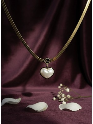 Meneva Aksesuar Altın Renk Çelik Italyan Zincirli Incili Kalp Kolye