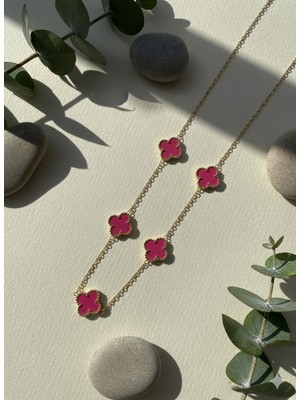 Meneva Aksesuar Paslanmaz Çelik Altın Renk Fuşya Pembe Mineli Yonca Kolye