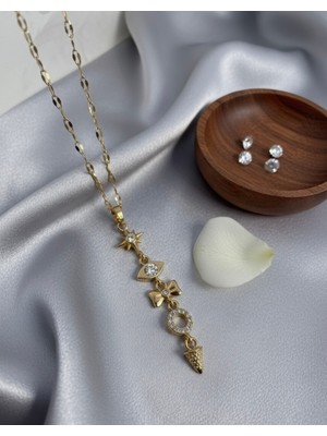 Meneva Aksesuar Charm Detaylı Altın Renk Çelik Kolye