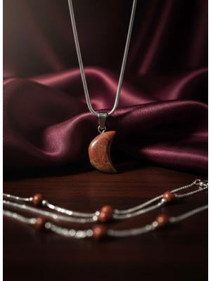 Meneva Aksesuar Unakit Doğal Taş Ay Figürlü Çelik Kolye