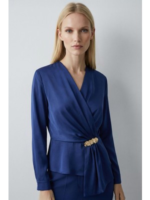 Rays İndigo Kruvaze Yaka Taş Toka Detaylı Uzun Kollu Kadın Bluz 251279