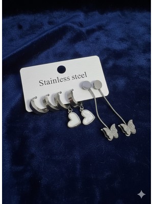 Meneva Aksesuar Gümüş Renk Çelik 6'lı Küpe Seti - Sedefli Kalp ve Zincirli Kelebek Figürlü Kombin Küpe