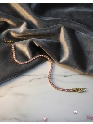 Meneva Aksesuar Pembe Taşlı Gold Çelik Su Yolu Bileklik