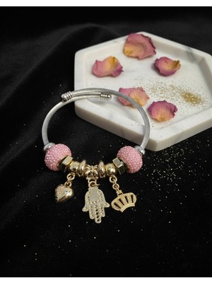 Meneva Aksesuar Özel Tasarım Charm Bileklik - Pembe Gold Detaylı