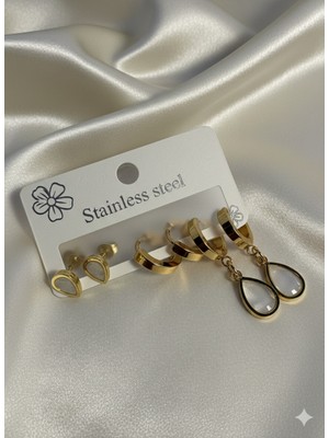 Meneva Aksesuar Altın Renk Çelik 6'lı Küpe Seti - Sedefli Damla Figürlü Kararmaz Kombin Küpe