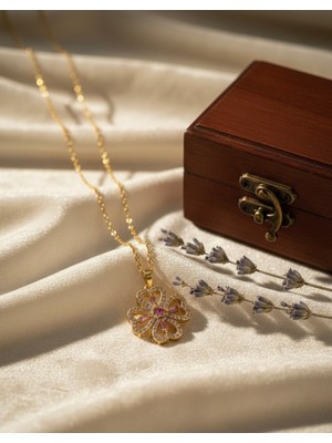 Meneva Aksesuar Döner Başlıklı Baget Zirkon Taşlı Çiçek Çelik Kolye