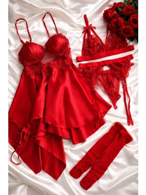 Çeyize Dair Herşey Kırmızı Saten Gecelik ve Iç Giyim Çeyiz Seti 6  Parça