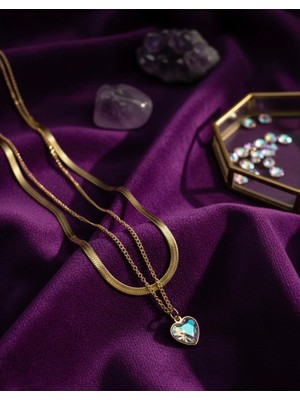 Meneva Aksesuar Altın Renk Kalp Kristal Uçlu Italyan Zincir Kombin Kolye