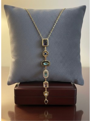 Meneva Aksesuar Renkli Kristal Taşlı Altın Renk Çelik Kolye