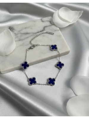 Meneva Aksesuar Lacivert Taşlı 5’li Yonca Figürlü Çelik Bileklik