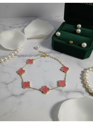 Meneva Aksesuar Pembe Taşlı 5’li Yonca Figürlü Çelik Bileklik