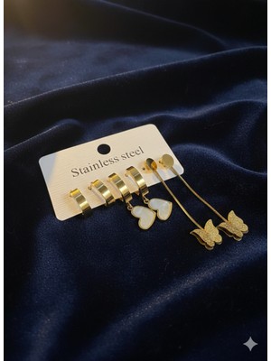 Meneva Aksesuar Altın Renk Çelik 6'lı Küpe Seti - Sedefli Kalp ve Zincirli Kelebek Figürlü Kombin Küpe