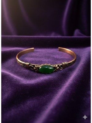 Meneva Aksesuar Yeşil Akik Taşlı Antik Bakır Kelepçe Bileklik