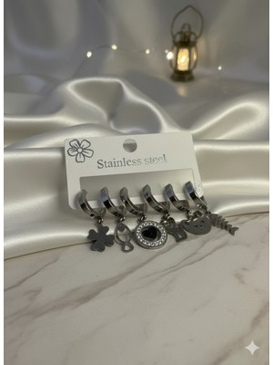 Meneva Aksesuar Gümüş Renk Çelik 6'lı Küpe Seti - Kedi Figürlü ve Taşlı Kararmaz Kombin Küpe