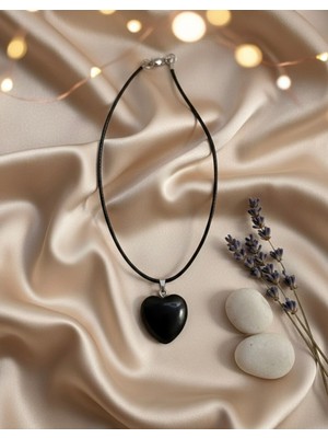 Meneva Aksesuar Obsidyen Doğal Taş Kalp Kesim Deri Ipli Kolye