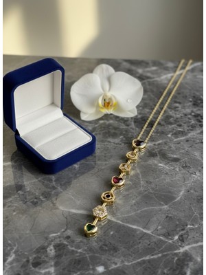 Meneva Aksesuar Baget ve Markiz Kristal Taşlı Altın Renk Çelik Kolye