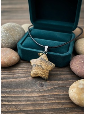 Meneva Aksesuar Odun Jasper Doğal Taş Yıldız Kesim Deri Ipli Kolye