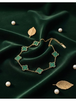 Meneva Aksesuar Yeşil Taşlı 5’li Yonca Figürlü Çelik Bileklik