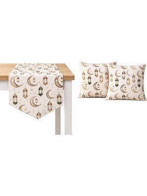 Özdağ Home Concept Ramazan Temalı 140X40 Runner ve 2 Adet 43X43 Kırlent Set – Dijital Baskı Duck Kumaş Ramazan Konseptli
