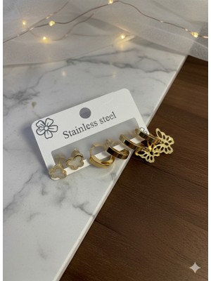 Meneva Aksesuar Altın Renk Çelik 6'lı Küpe Seti - Yonca ve Kelebek Figürlü Kararmaz Kombin Küpe