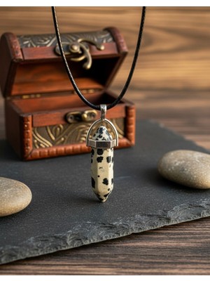 Meneva Aksesuar Benekli Jasper Doğal Taş Çivi Model Deri Ipli Kolye