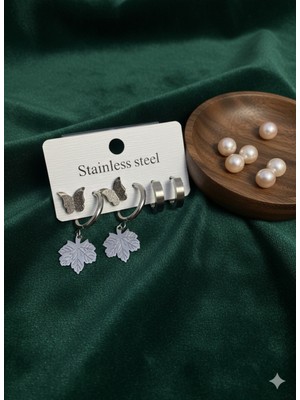 Meneva Aksesuar Gümüş Renk Çelik 6'lı Küpe Seti - Simli Kelebek ve Çınar Yaprağı Figürlü