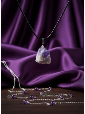 Meneva Aksesuar Ametist Doğal Taş Deri Ipli Kolye