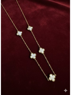 Meneva Aksesuar Paslanmaz Çelik Gold Beyaz Mineli Yonca Kolye