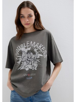 Mavi Tom ve Jerry Baskılı Haki Tişört 1614043-71553