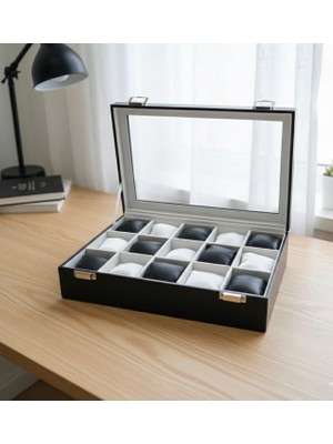 ZYC Premium 15 Yuvalı Tamamen Deri Kaplama  Cam Kapaklı Şık Tasarım Saat Saklama Kutusu Ebat (34X24X8)CM