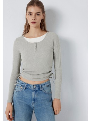 Mavi Uzun Kollu Bağcık Detaylı Gri Tişört 1613768-80196