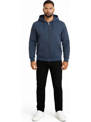 Justas Erkek Indigo 3 Iplik Şardonlu Kapüşonlu Boydan Fermuarlı Kanguru Cepli Kalın Sweatshirt