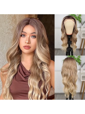 Zemira Kumral Dore Sarı Ombre ve Röfleli Fiber Sen Geniş Dalgalı Tül Peruk