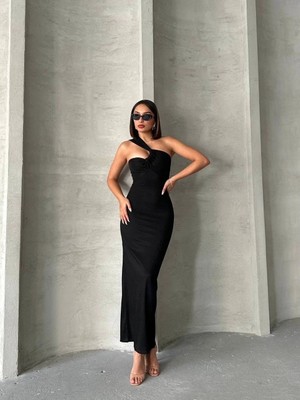 Zemira Krinkıl Tek Omuz Uzun Elbise Siyah S25455