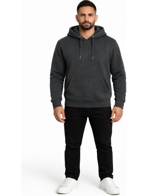 Justas Erkek Füme Şardonlu Kapşonlu Kanguru Cep Üç Iplik Swet