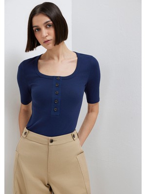 Mavi Düğmeli Lacivert Tişört 1613751-70497