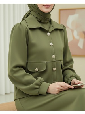 Modamorfo Cep Detaylı Düğmeli Etekli Scuba Takım  -Haki