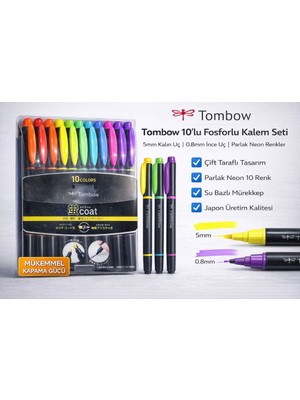 Tombow Coat 10’lu Çift Uçlu Fosforlu Kalem Seti – 5mm & 0.8mm Neon Renkler